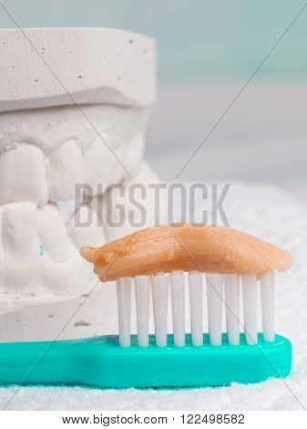 Oral hygiene health concept. Closeup toothbrush with paste in dental gypsum model plaster