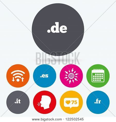 Wifi, like counter and calendar icons. Top-level internet domain icons. De, It, Es and Fr symbols. Unique national DNS names. Human talk, go to web.