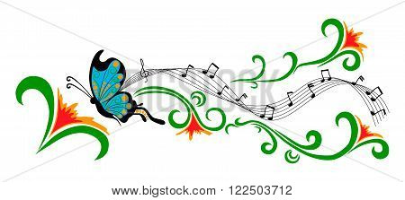 Blue butterfly and red flowers with musical notes