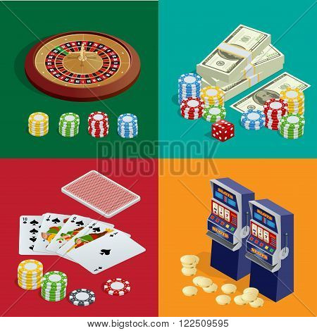 Casino concept. Casino background with cards, chips, craps and roulette. Flat 3d vector isometric illustration.