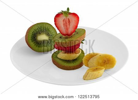 slices of strawberry, banana, kiwi fruit on the table