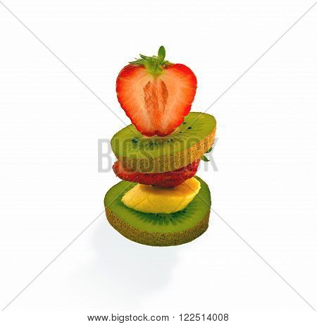 slices of strawberry, banana, kiwi fruit on the table