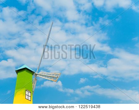 Wind turbine tower on beautiful sky background Copy Space