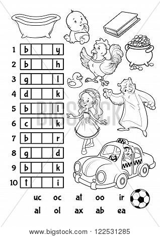 Educational rebus game for preschool kids. Find the correct part of words. Cartoon vector illustration.