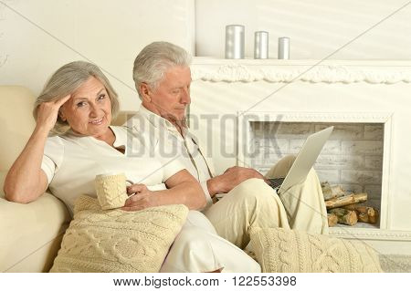 Two elderly people sitting on couch with tea and laptop
