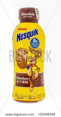 Winneconne, WI -4 Nov 2015: Bottle of Nestle Nesquik chocolate milk.