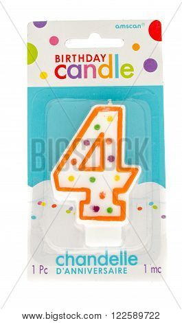 Winneconne WI - 21 Oct 2015: Package of a birthday candle number four made by Amscan.