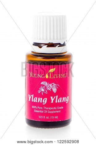 Winneconne, WI - 19 February 2015: Bottle of Young Living Ylang Ylang essential oil supplement.