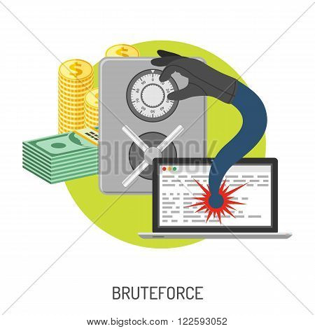 Internet Security and Cyber Crime Concept with Flat Icon Like Safe, Laptop, Money and Bruteforce. Vector for Flyer, Poster, Web Site and Printing Advertising.