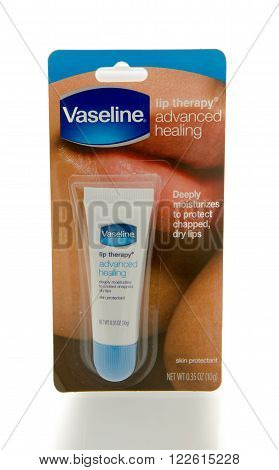 Winneconne WI - 25 Feb 2016: Package of Vaseline advanced healing lip balm.