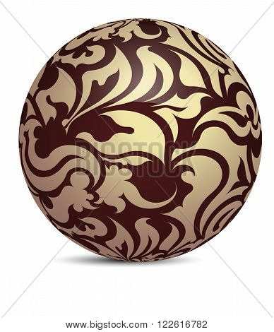 Unusual Darck Brown Decorative Glossy Shine Sphere Ball With Golden Floral Decor. Vector Illustratio