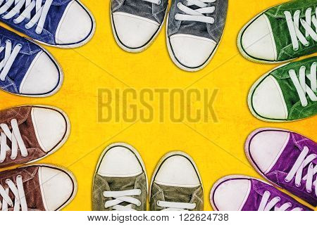 Group of young teenage people standing on the street urban youth lifestyle concept with copy space top view