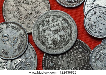 Coins of Nepal. Hindu trishul depicted in the Nepalese rupee coins.