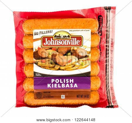 Winneconne WI - 7 August 2015: Package of Johnsonville polish kielbasa