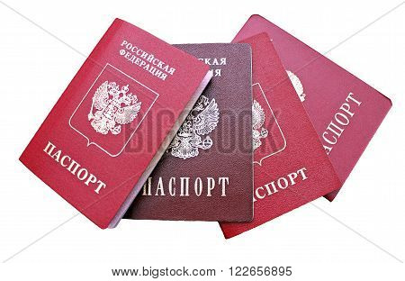 Several passports of a citizen of Russian Federation isolated on white background. The inscriptions in Russian 