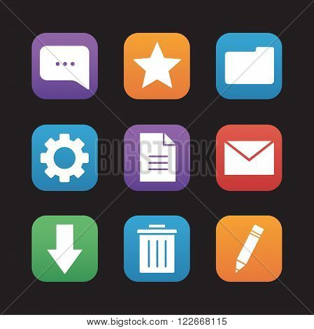 Digital flat design icons set. Mobile application user interface. Chat bubble, rating star, new document and folder symbols. File manager app buttons. Email letter and download arrow. Vector ui