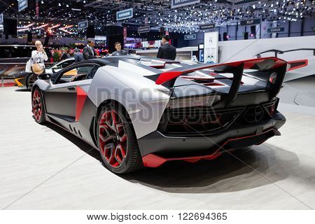 GENEVA, SWITZERLAND - MARCH 1: Geneva Motor Show on March 1, 2016 in Geneva, Nimrod AventiRosso Lamborghini Aventador, rear-side view