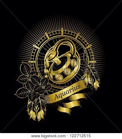 vector illustration zodiac sign Aquarius emblem vintage frame with feathers on a black background gold