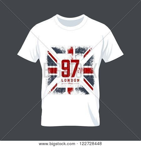 Vintage United Kingdom flag tee print vector design. Premium quality Great Britain superior number logo concept. London t-shirt wear mock up.