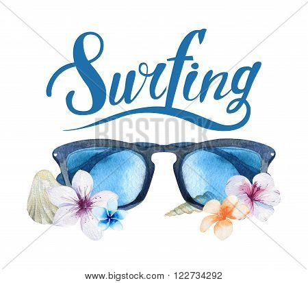 Hand drawn watercolor ocean surfing set. Beach holiday tropical travel adventure. Island with palm retro car wagon bus surfboard sunglasse shell and flower hibiscus. Watercolour sea sport activity.