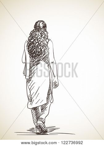 Sketch of walking woman in salwar kameez, Hand drawn illustration