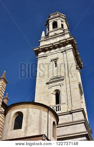White marble Verona Cathedral (Duomo) belfry designed by italian renaissance architect Sanmicheli in the 16th century