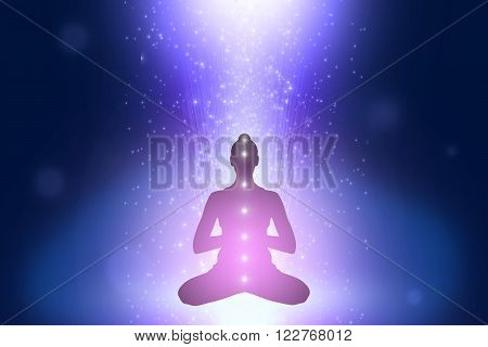Silhouette of young woman in yoga position in cosmoc space