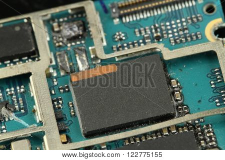 electronic Blue circuit board destroy -close up - macro -(Selective focus)