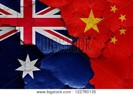 Flags Of Australia And China Painted On Cracked Wall
