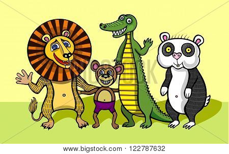 animals friends company. bear crocodile greeting hamster laughter lion monkey .pleasure  smile.