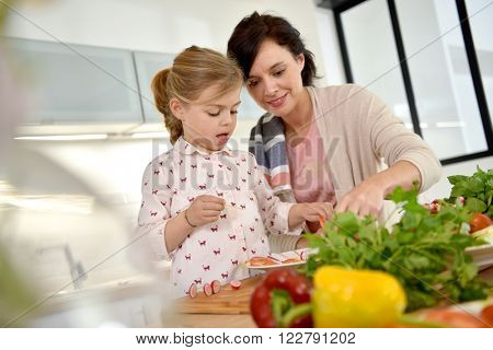 Mom and daughter cooking together in modern kitchen