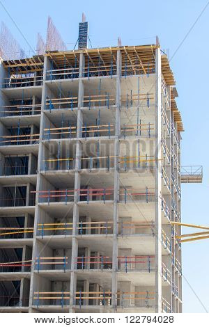 Monolithic frame construction of the building. Solid walls of concrete. Formwork for walls made of concrete. Construction of the building. Masonry walls and aerated concrete masonry walls