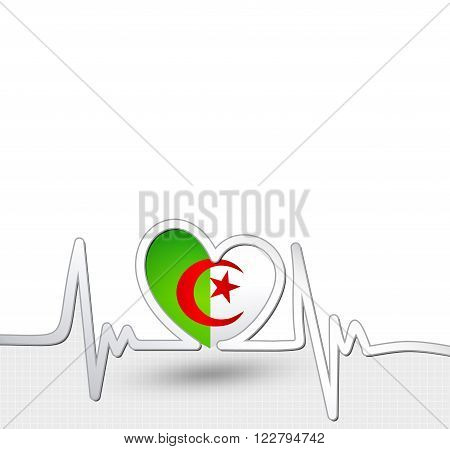 Algeria flag heart and heartbeat line.Patriotic vector background.