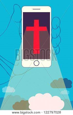Christian cross in the mobile phone against the blue sky