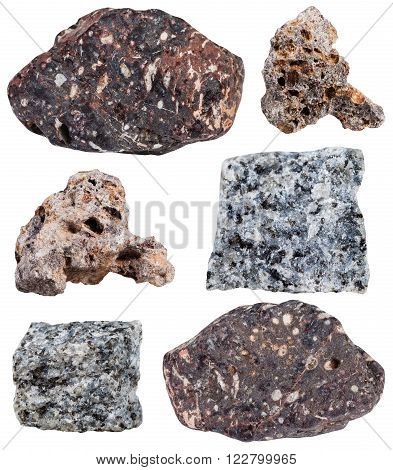 set of various basalt mineral stone isolated on white background