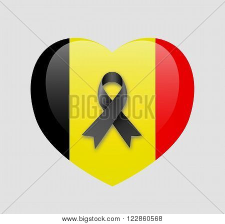Heart with national flag of Belgium inside with black ribbon. Pray for Brussels at light backround. vector illlustration