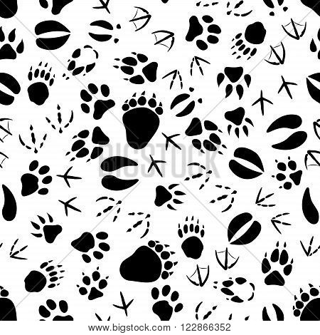 Black tracks of animals and birds seamless pattern over white background. Nature or wildlife theme or scrapbook page backdrop design