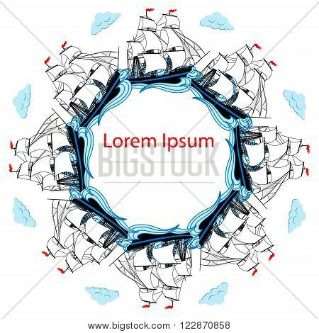 Sailing ships with white sails. Vector frame