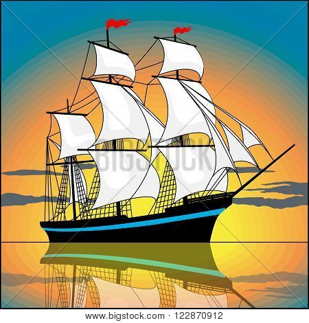 Sailing ship in the sunset. Vector illustration