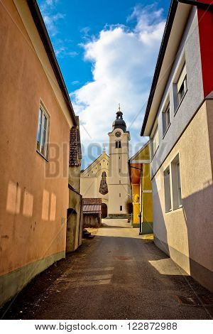 Town of Bad sankt Leonhard im Lavanttal colorful streetscape and church vertical view Carinthia Austria