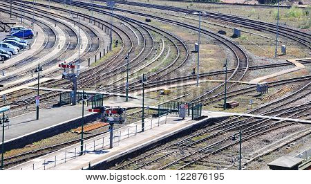 SHREWSBURY, UK - APRIL 22, 2015 - View along the railway station platforms with tracks into the distance Shrewsbury Shropshire England UK Western Europe, April 22, 2015.