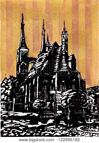 This is a linolcut from the church on the market place in Köthen, Germany.