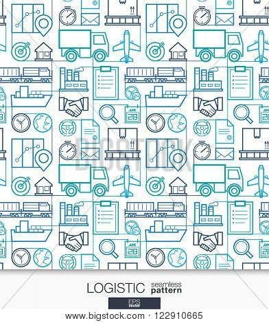 Logistic business wallpaper. Delivery and distribution seamless pattern. Tiling with thin line integrated web icons. Vector transportation illustration. Abstract background for website, presentation
