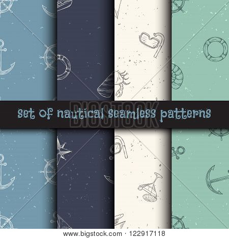 Nautical seamless patterns set. Hand drawn vector illustration.