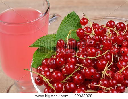 plate of fresh red currant with a drink close-up