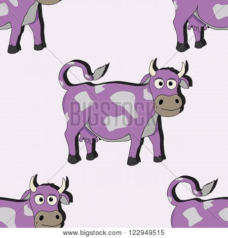 Cartoon cow on the green grass spotted vector illustration seamless