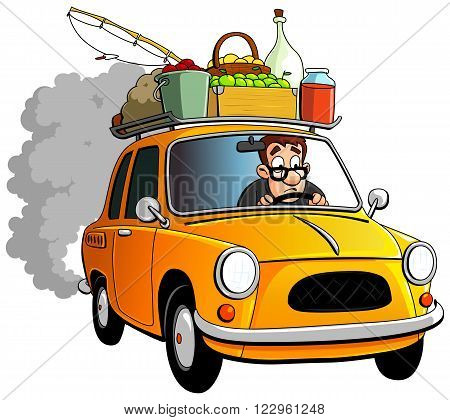 Cartoon farmer and yellow car with baggage