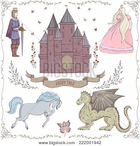 Fairy tale theme. Prince, princess, castle, dragon, fairy, horse. Collection of decorative design elements. Isolated objects. Vintage vector illustration