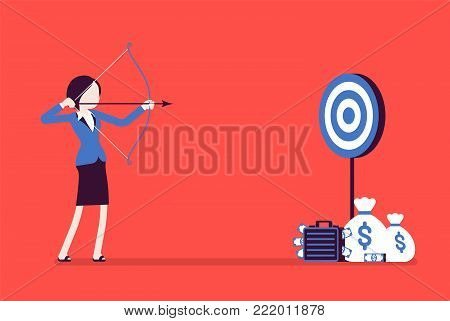 Businesswoman arching in profit target. Young woman with bow, arrow shoots to money aim, intended to achieve great result, financial benefit. Vector business concept illustration, faceless characters