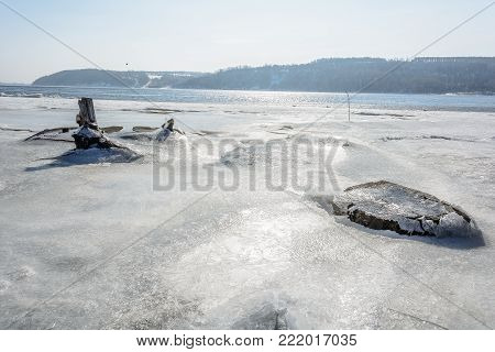 The snow and ice off the shore